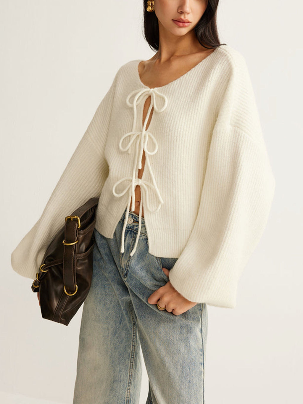 White Knit Sweater with Bow Details