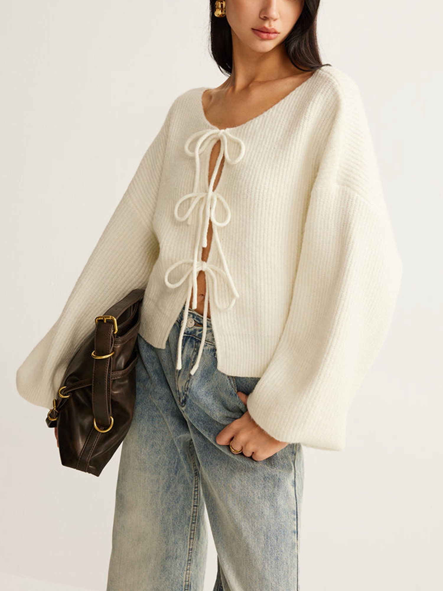 White Knit Sweater with Bow Details