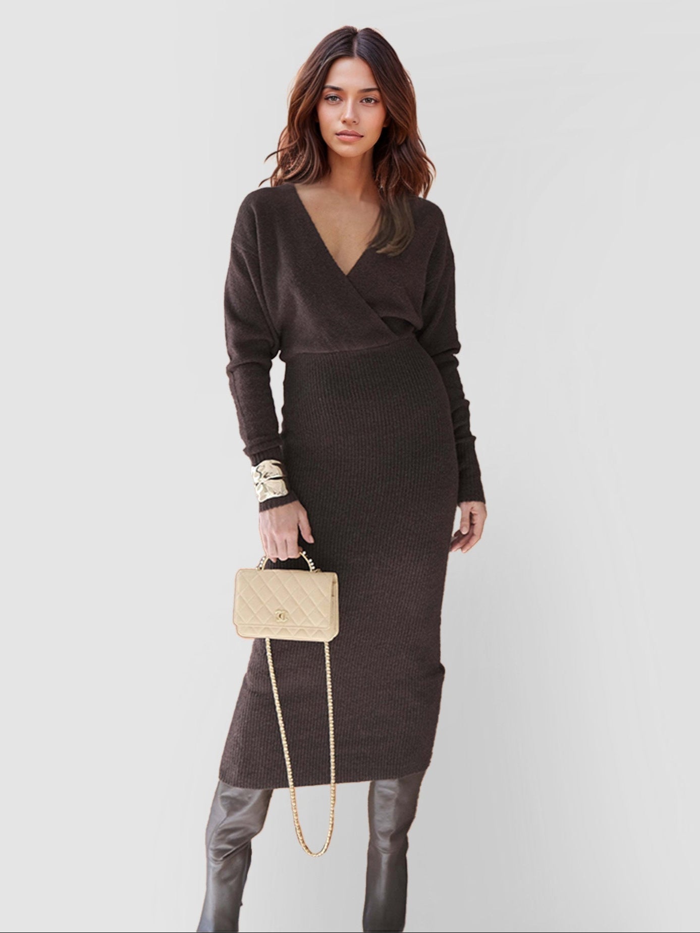 V-Neck Knit Ribbed Dress