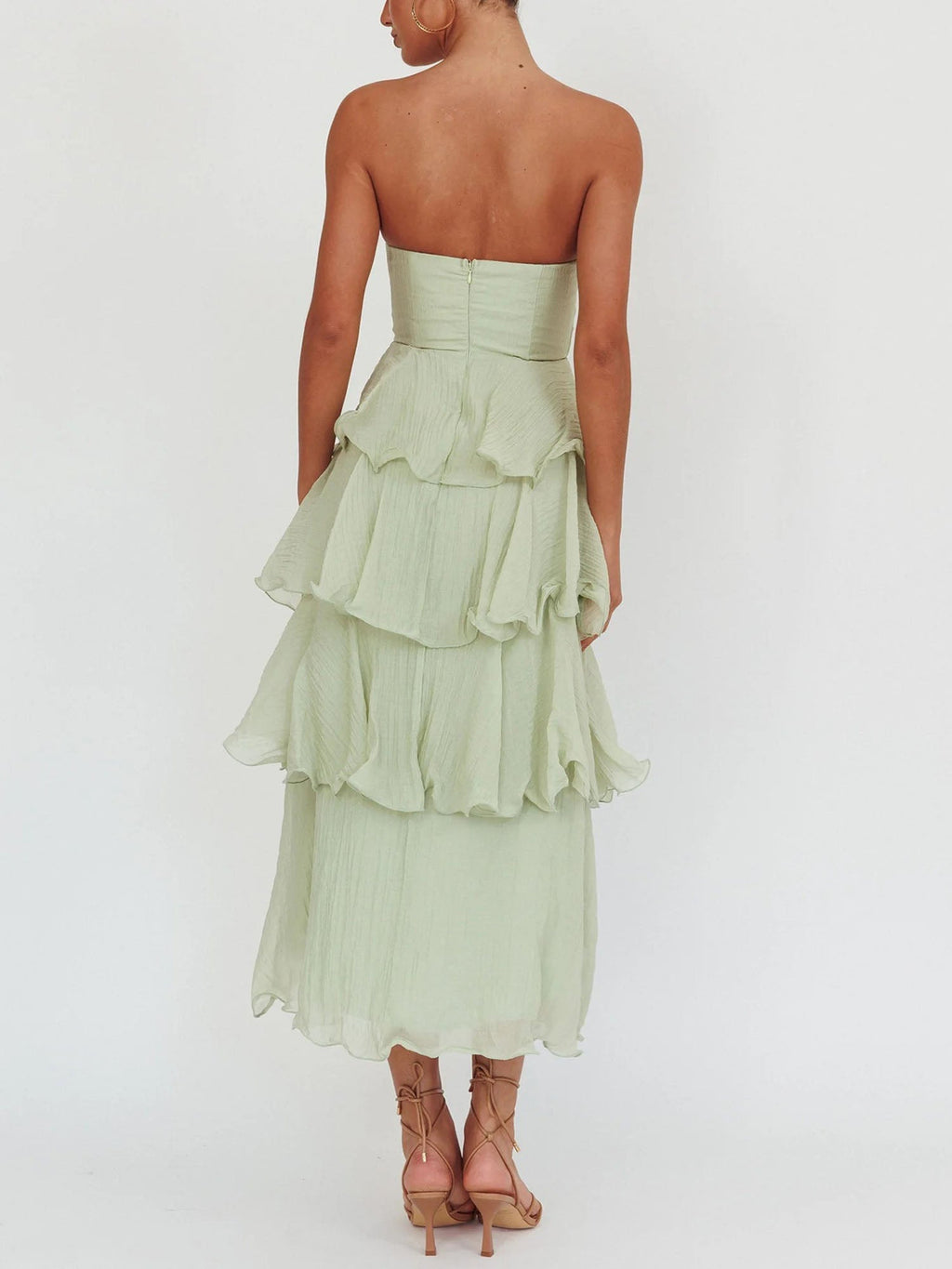 Light Green Strapless Tiered Midi Dress
