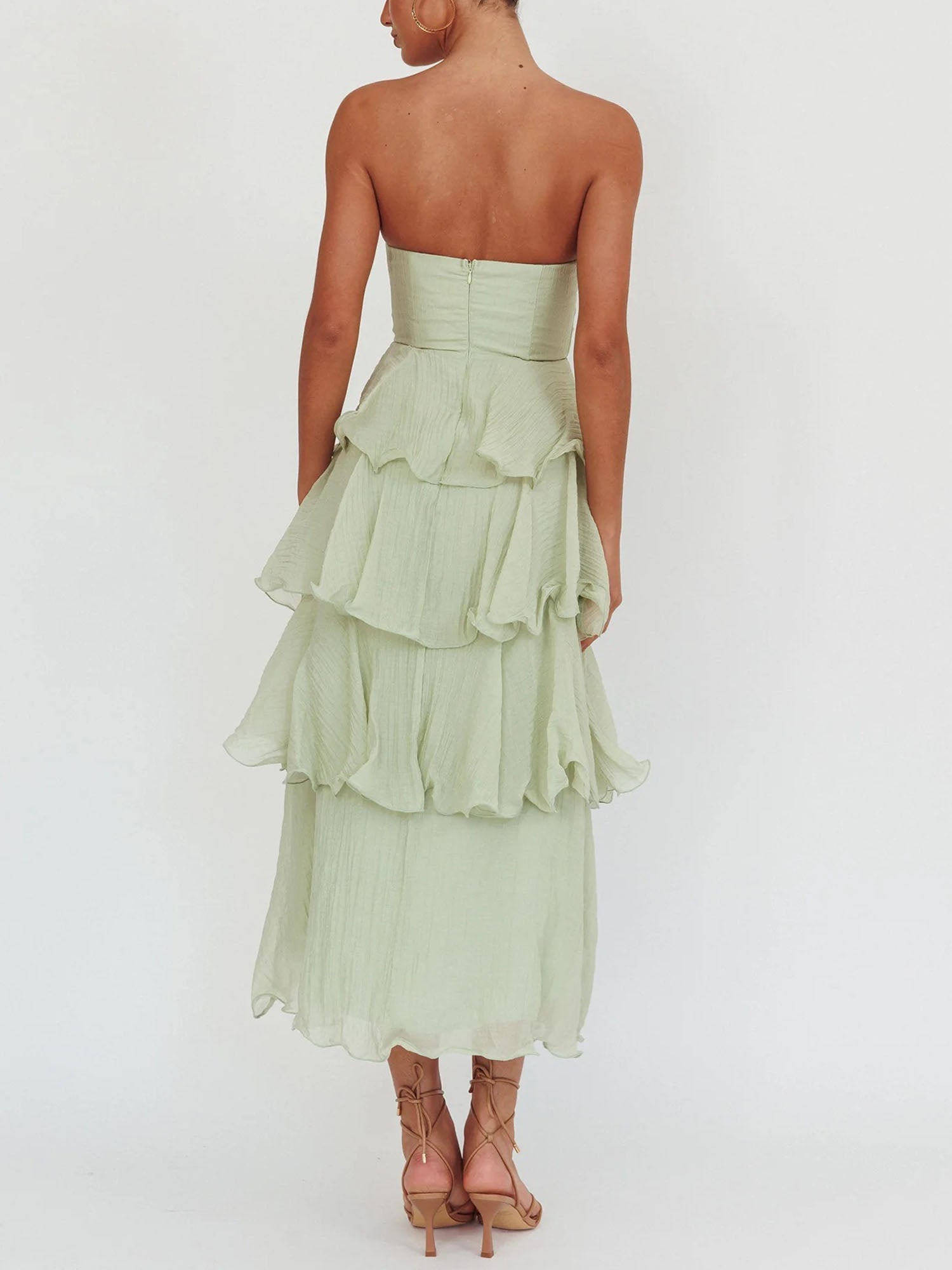 Light Green Strapless Tiered Midi Dress