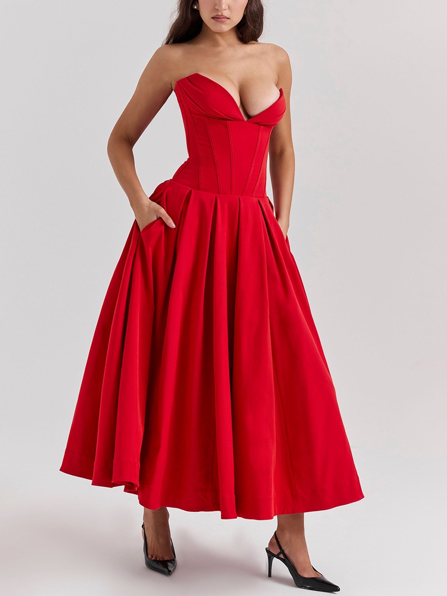 Red Strapless Fit-and-Flare Midi Dress