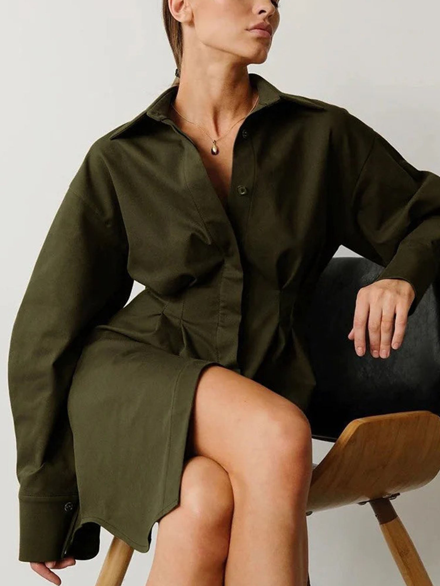 Green Cinched Waist Shirt Dress Effortless A-Line