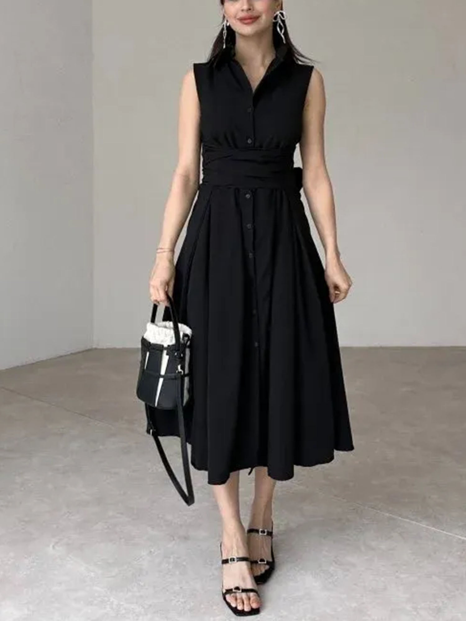 Sleeveless Belted Black Midi Dress
