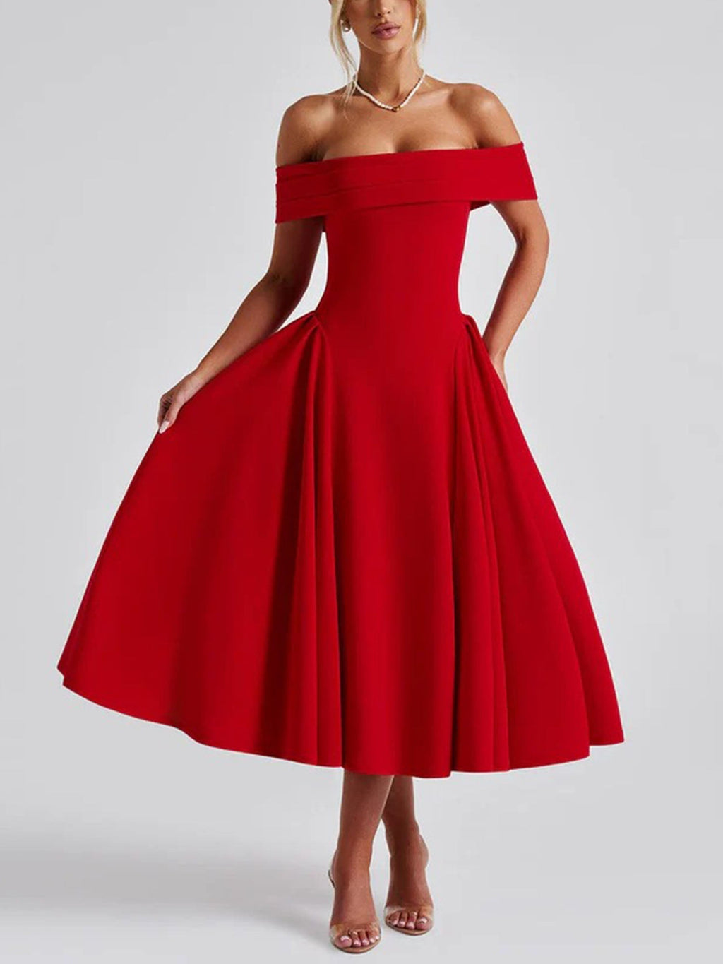 Red Off-Shoulder Vintage-Inspired Midi Dress