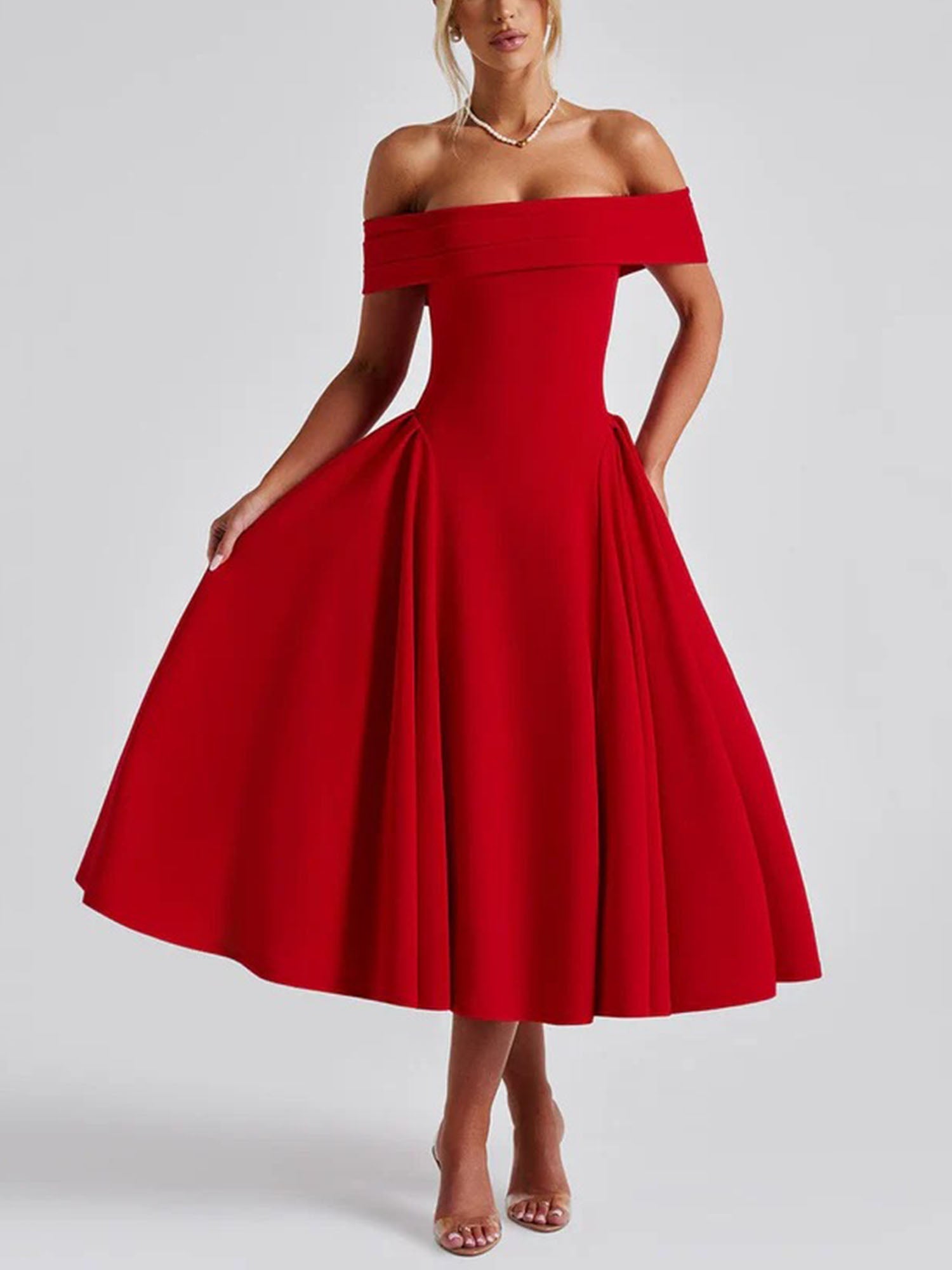 Red Off-Shoulder Vintage-Inspired Midi Dress