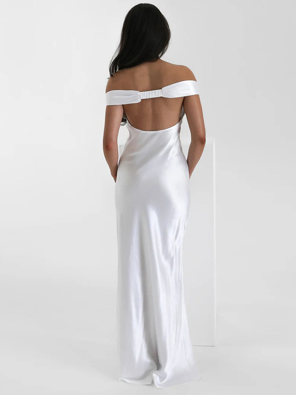 Pearl White Off-Shoulder Satin Maxi Dress