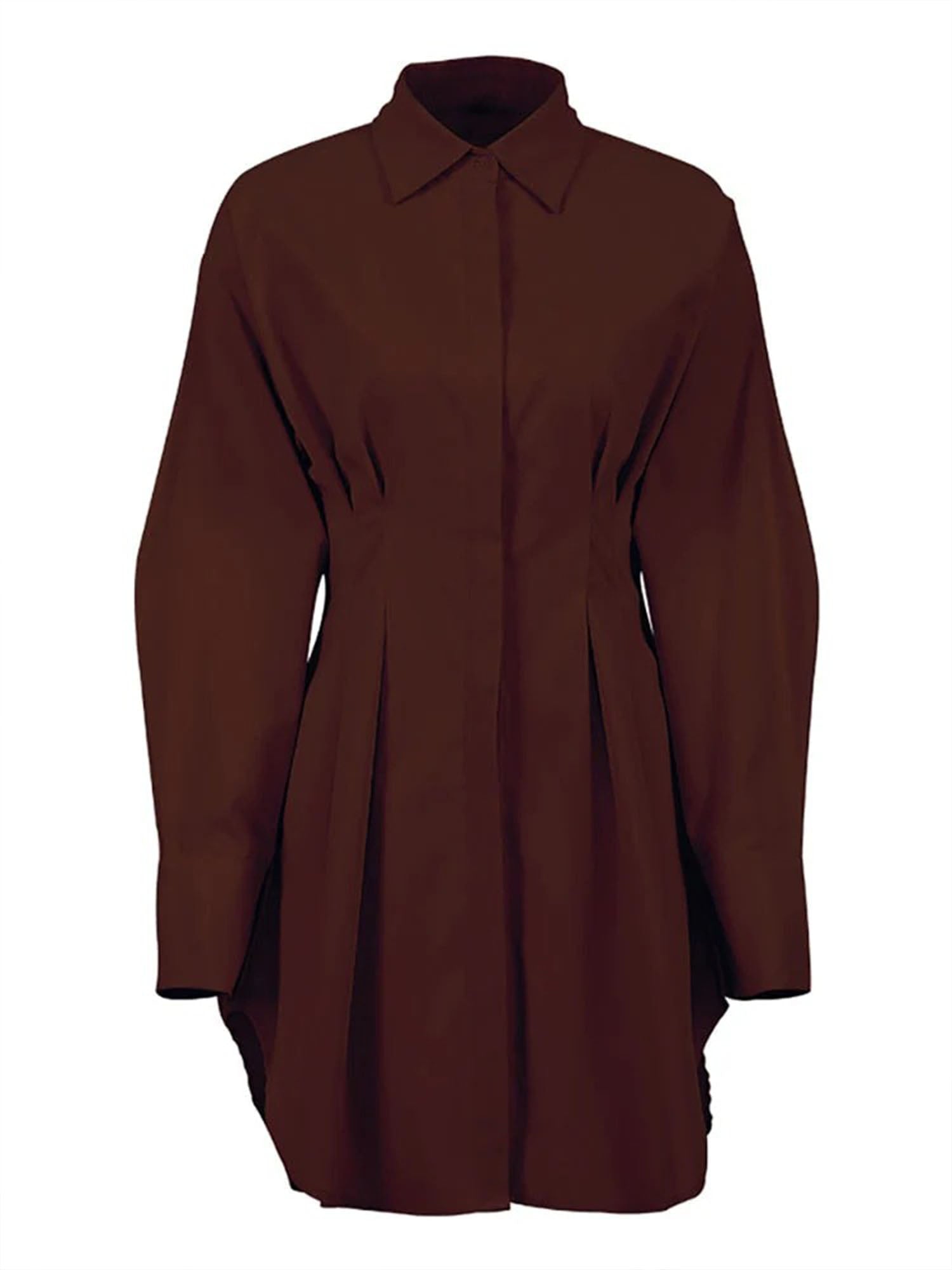 Brown Cinched Waist Shirt Dress Effortless A-Line