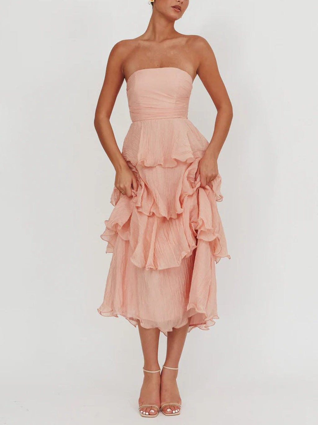 Light Pink Strapless Tiered Midi Dress