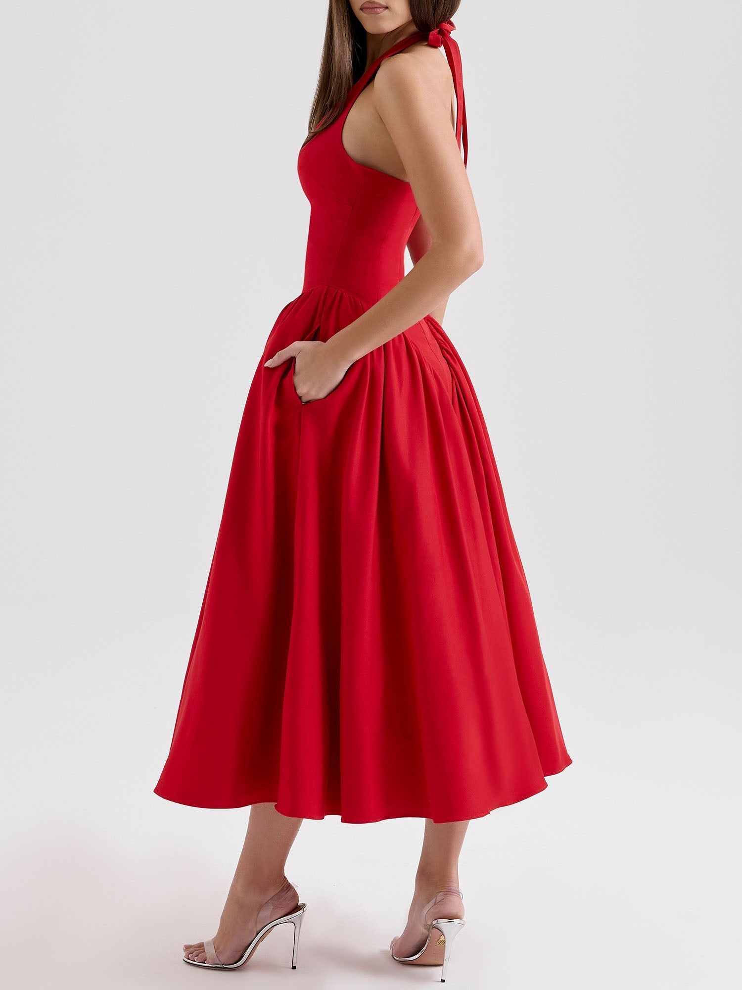 Pleated A-Line Halter Midi Dress