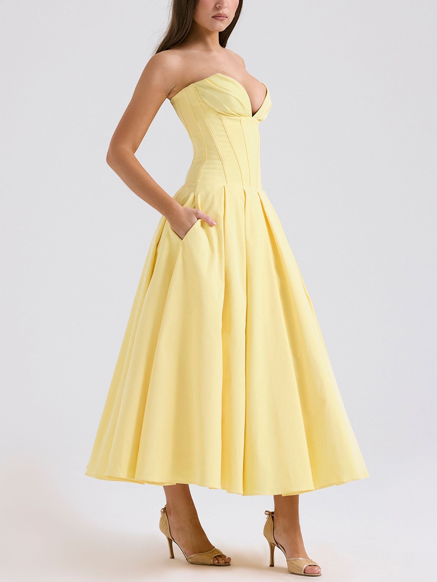 Yellow Strapless Fit-and-Flare Midi Dress
