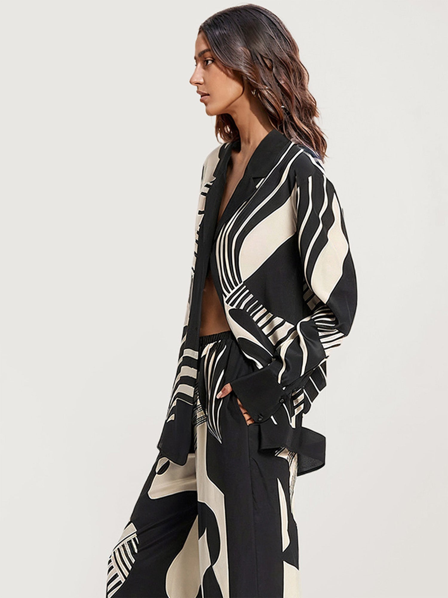 Abstract Black and White Print Button-Up Shirt