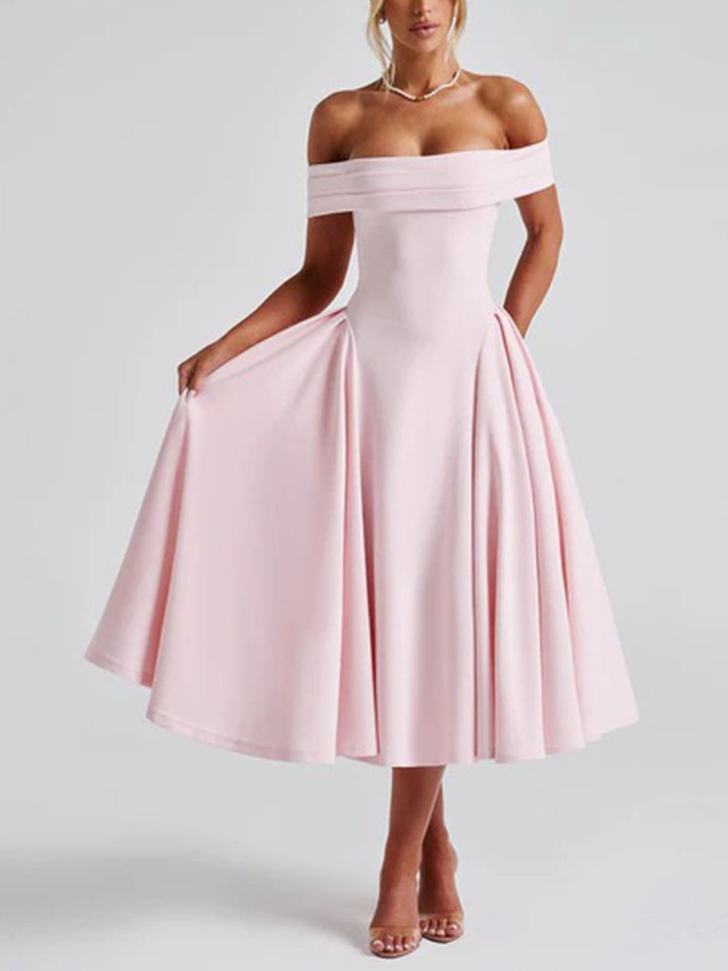 Pink Off-Shoulder Vintage-Inspired Midi Dress