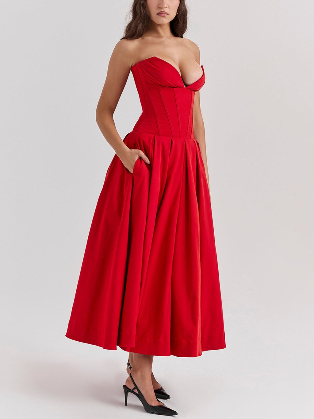 Red Strapless Fit-and-Flare Midi Dress