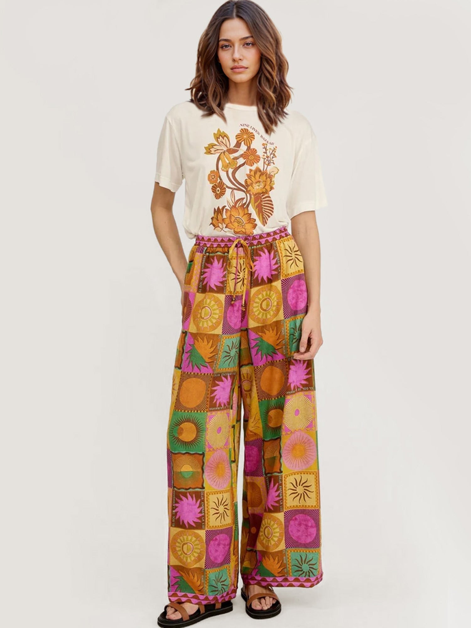 Boho Floral Print Wide-Leg Pants