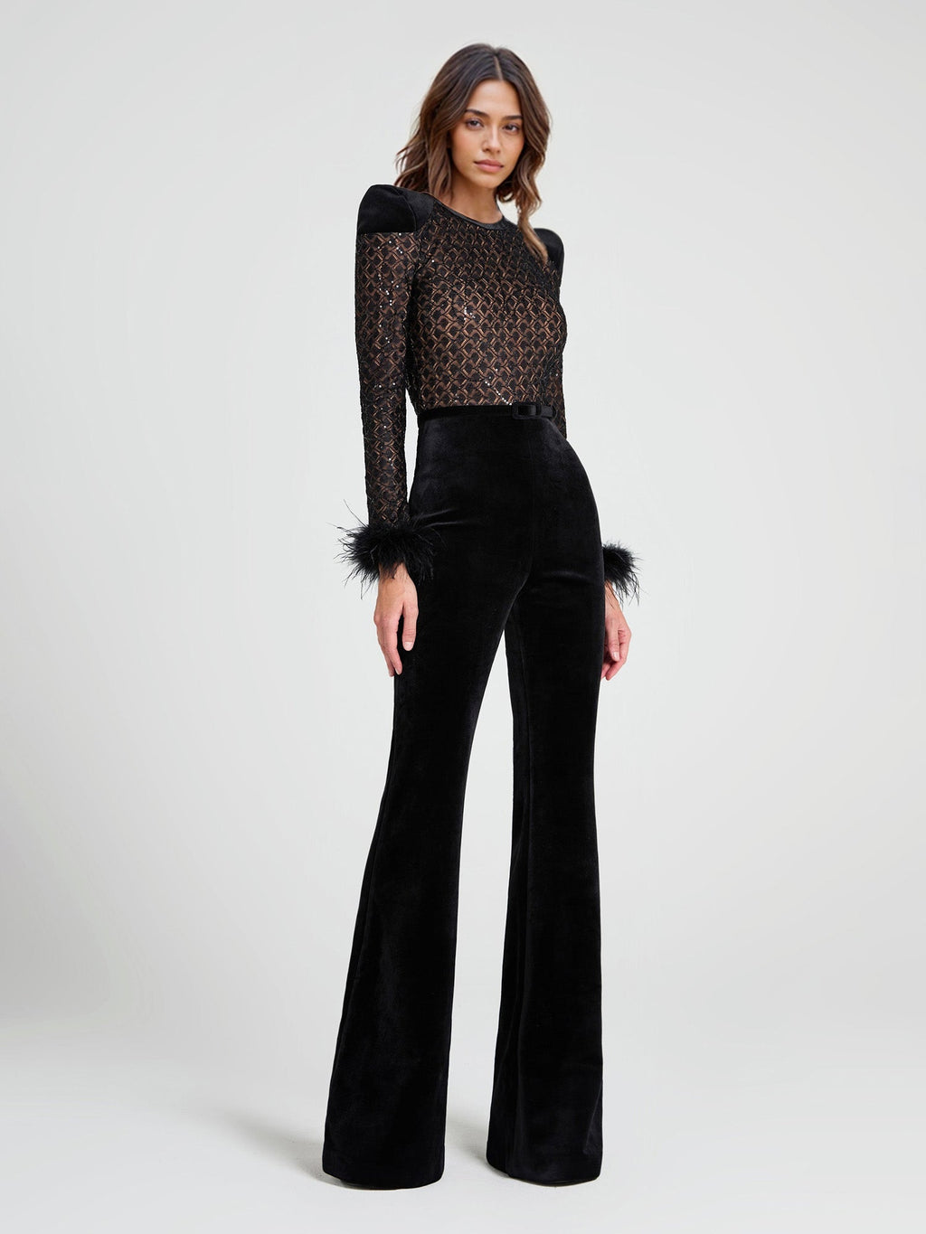 Lace Sequined Feather Trim Flared Jumpsuit