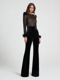 Lace Sequined Feather Trim Flared Jumpsuit