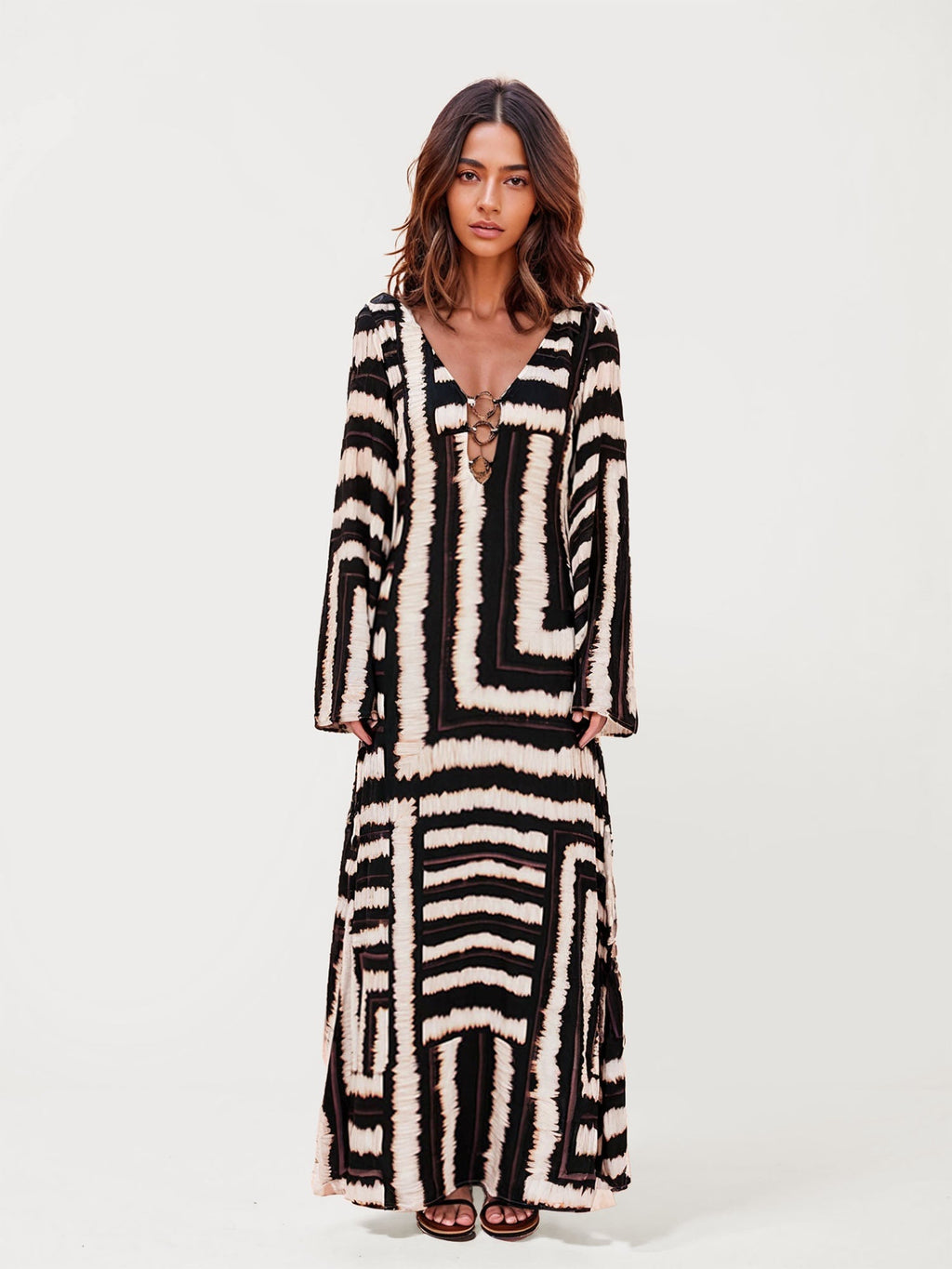 Bohemian Stripe Pattern V-Neck Maxi Dress