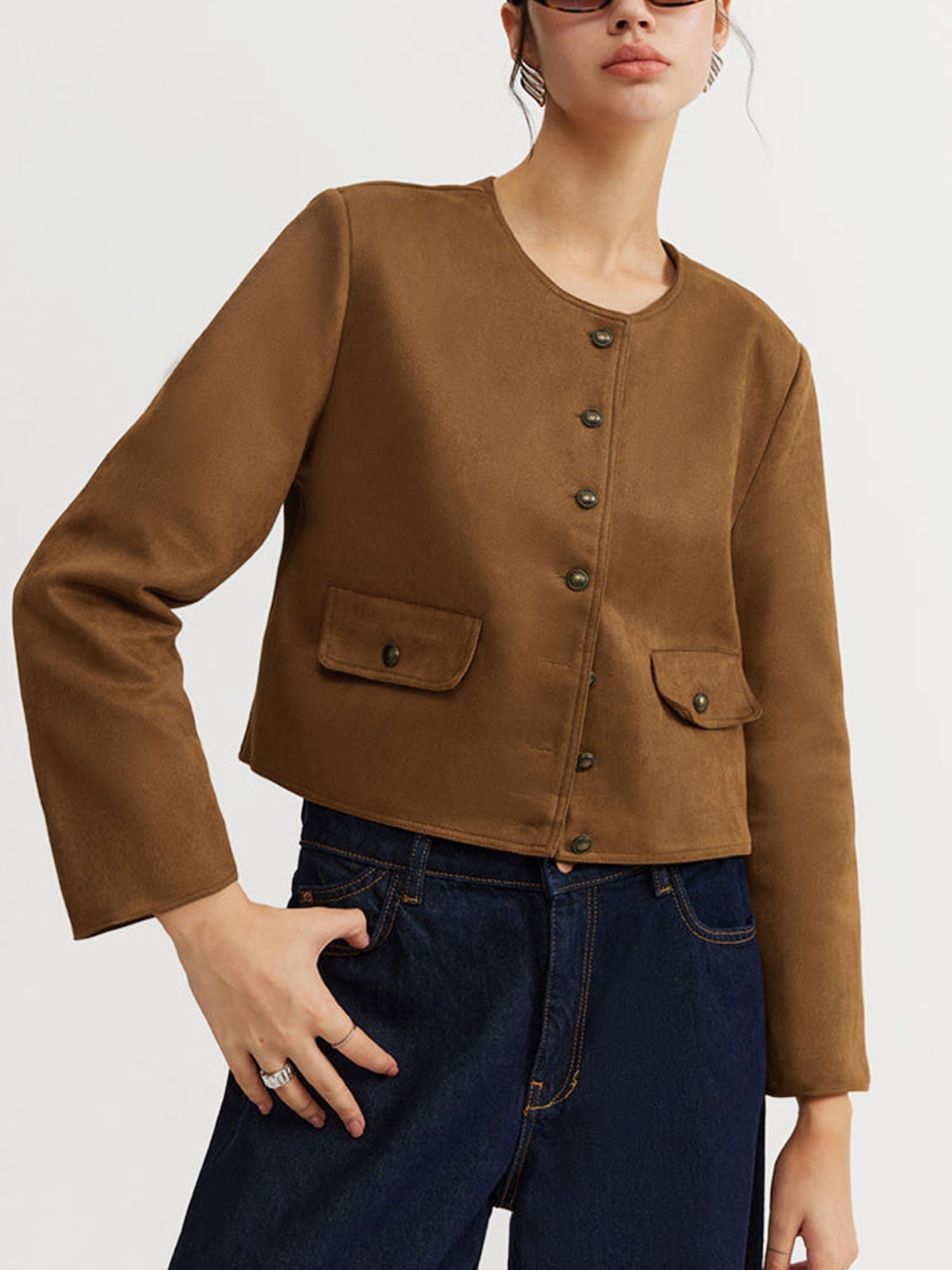 Brown Suede Buttoned Jacket