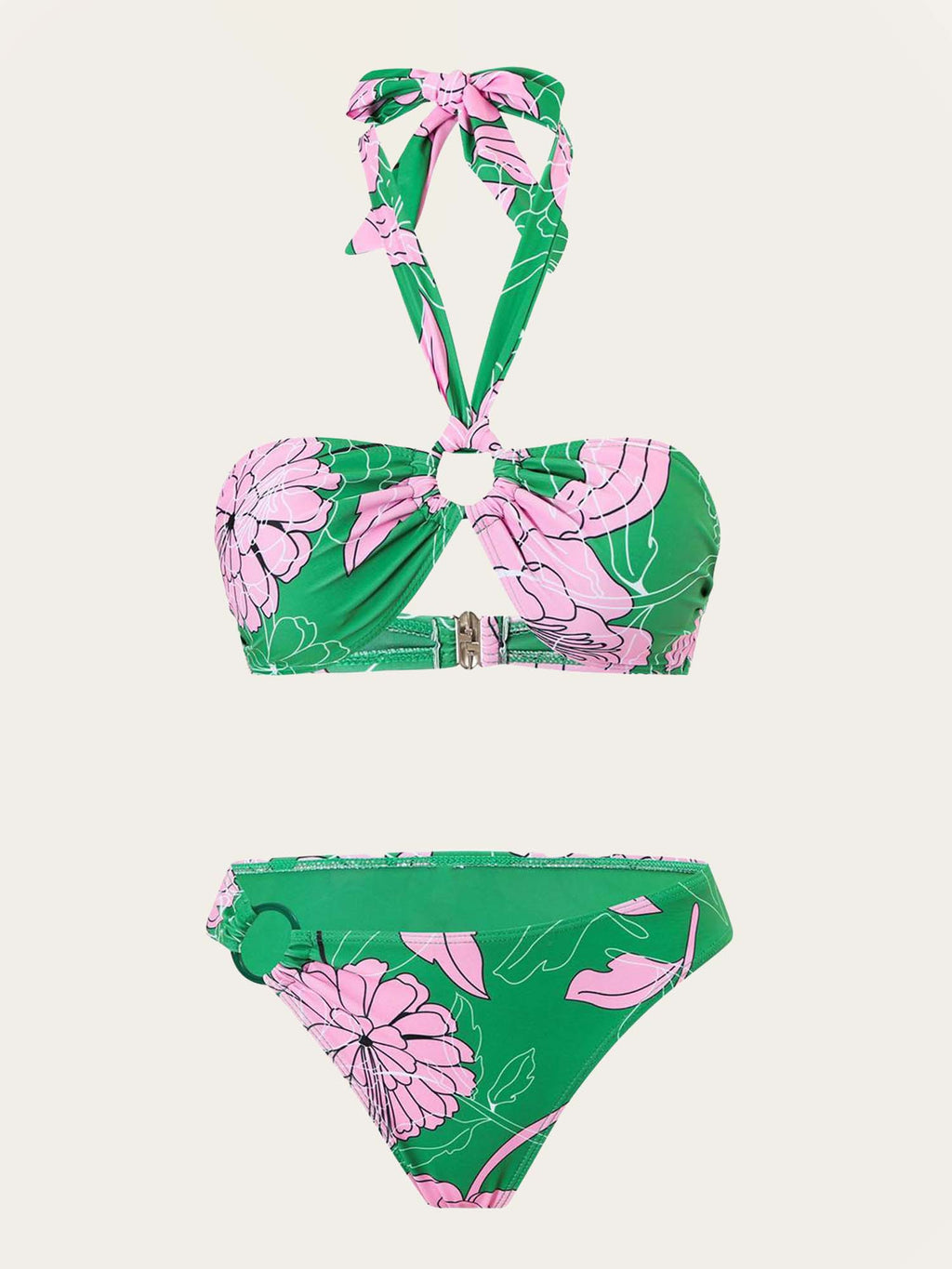 Green Floral Halter Neck Bikini Set