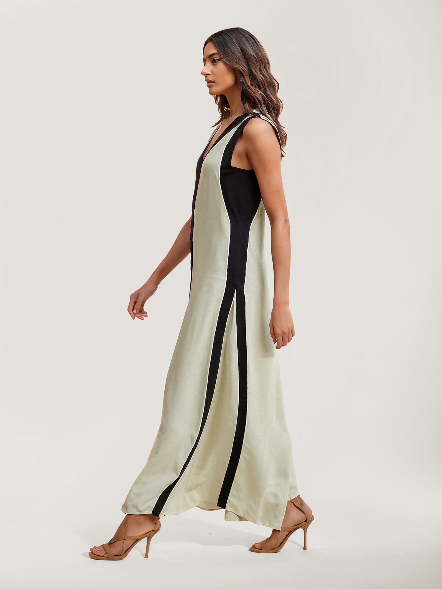 Color Block V-Neck Maxi Dress with Split