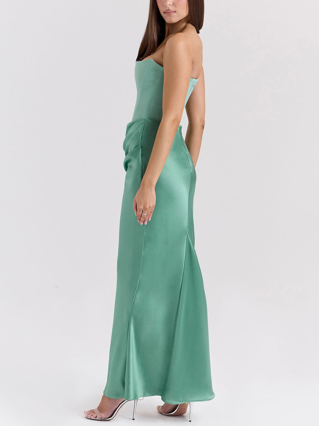 Green Strapless Draped Bodycon Maxi Dress