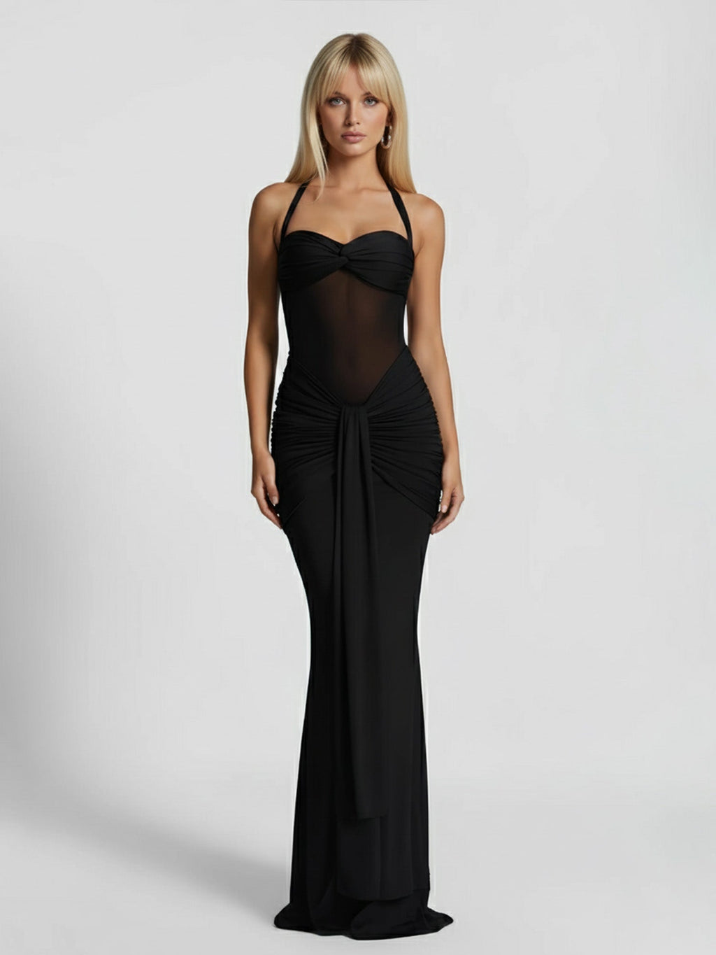 Black Draped Halter Maxi Dress Sheer Elegance