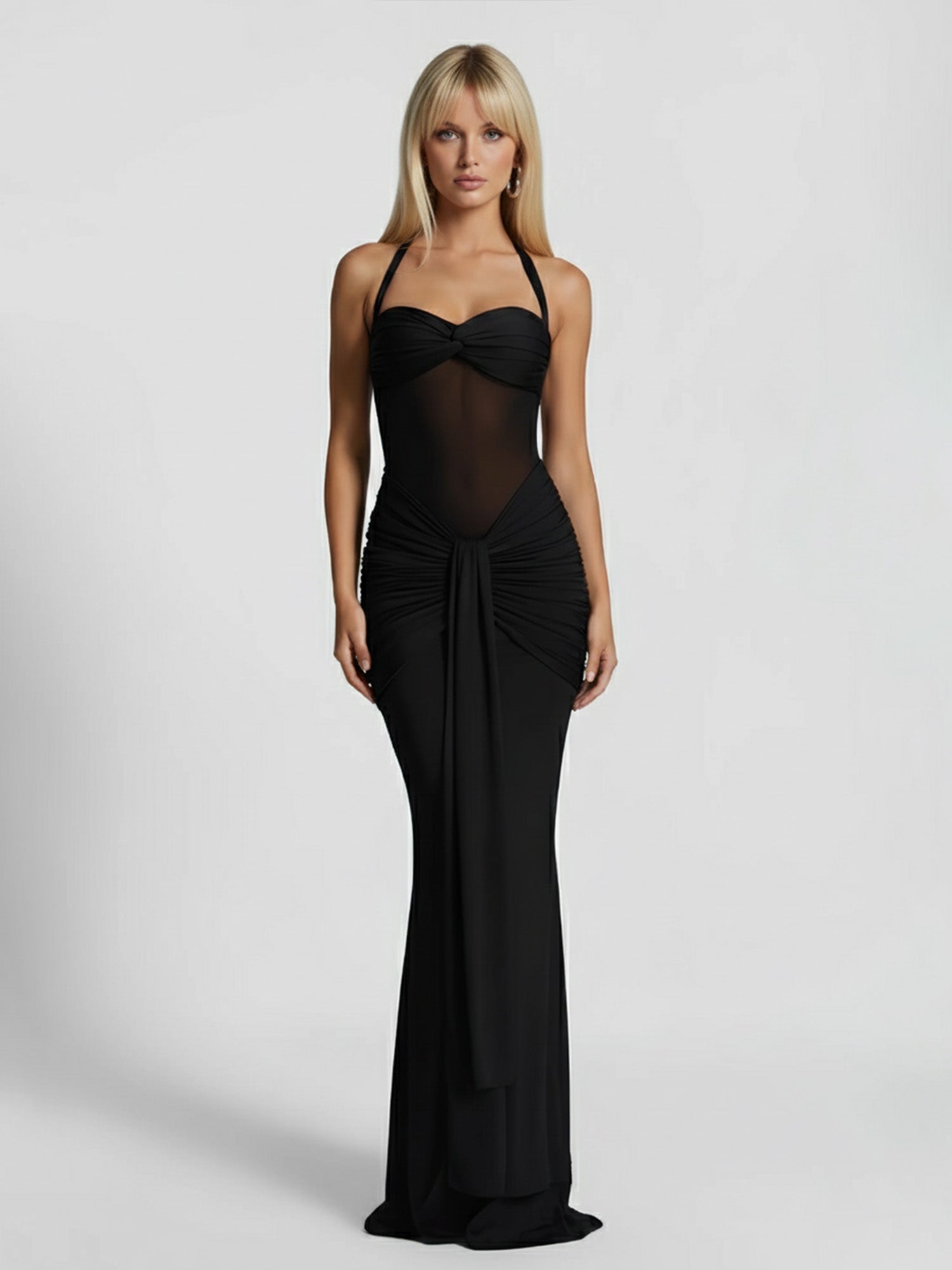 Black Draped Halter Maxi Dress Sheer Elegance