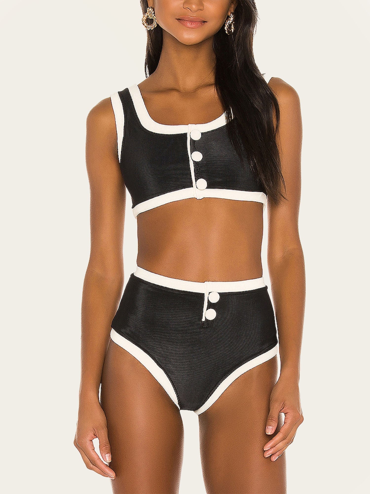 Black and White Two-Piece Bikini with Buttons
