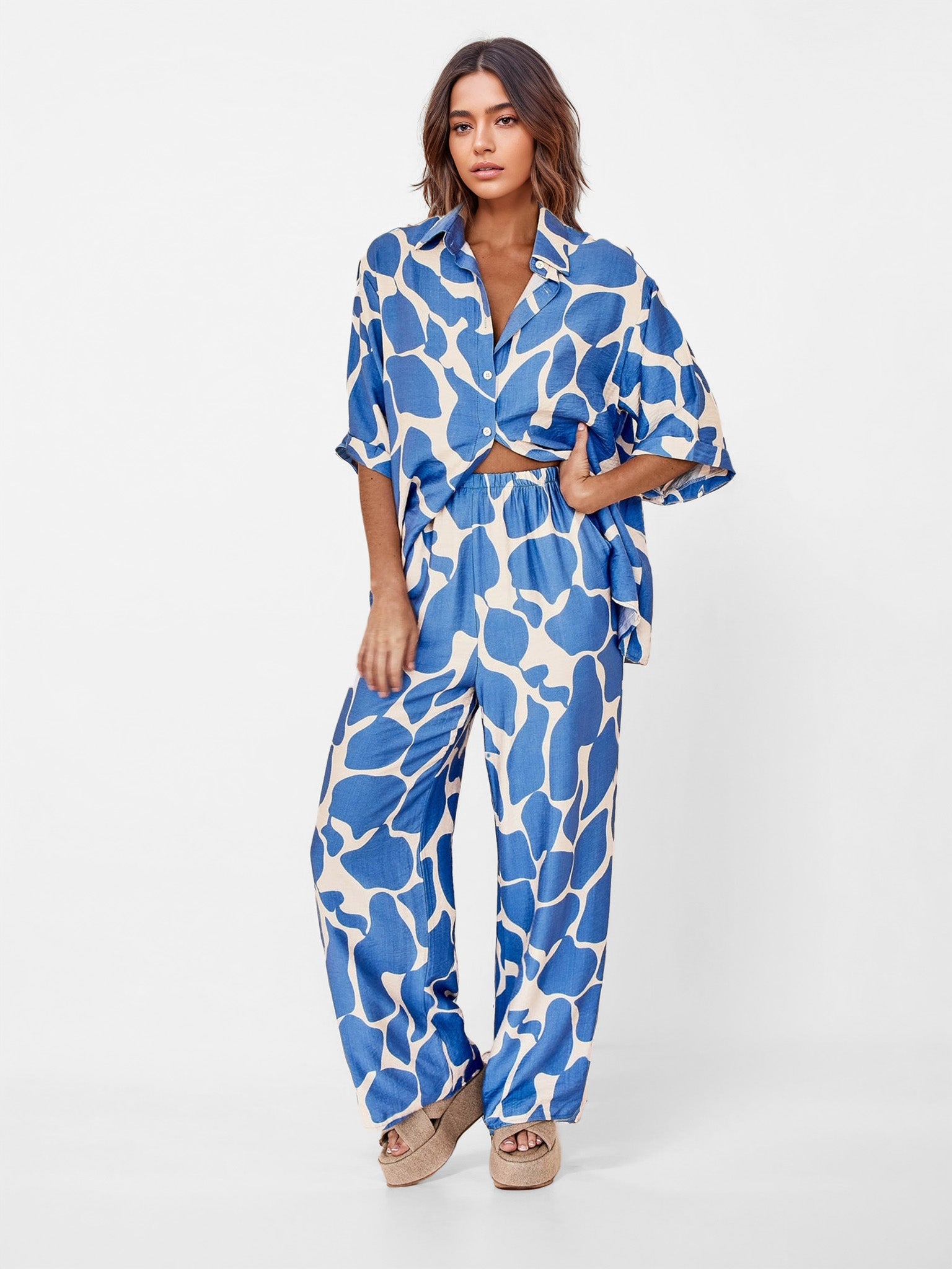 Ocean Wave Print Wide-Leg Pants