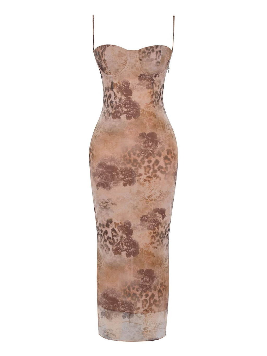 Taupe Sheer Leopard-Print Mesh Maxi Dress