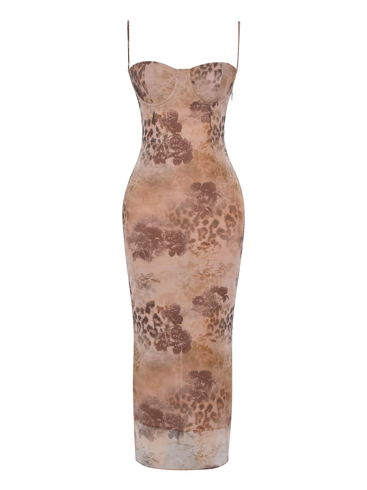 Taupe Sheer Leopard-Print Mesh Maxi Dress