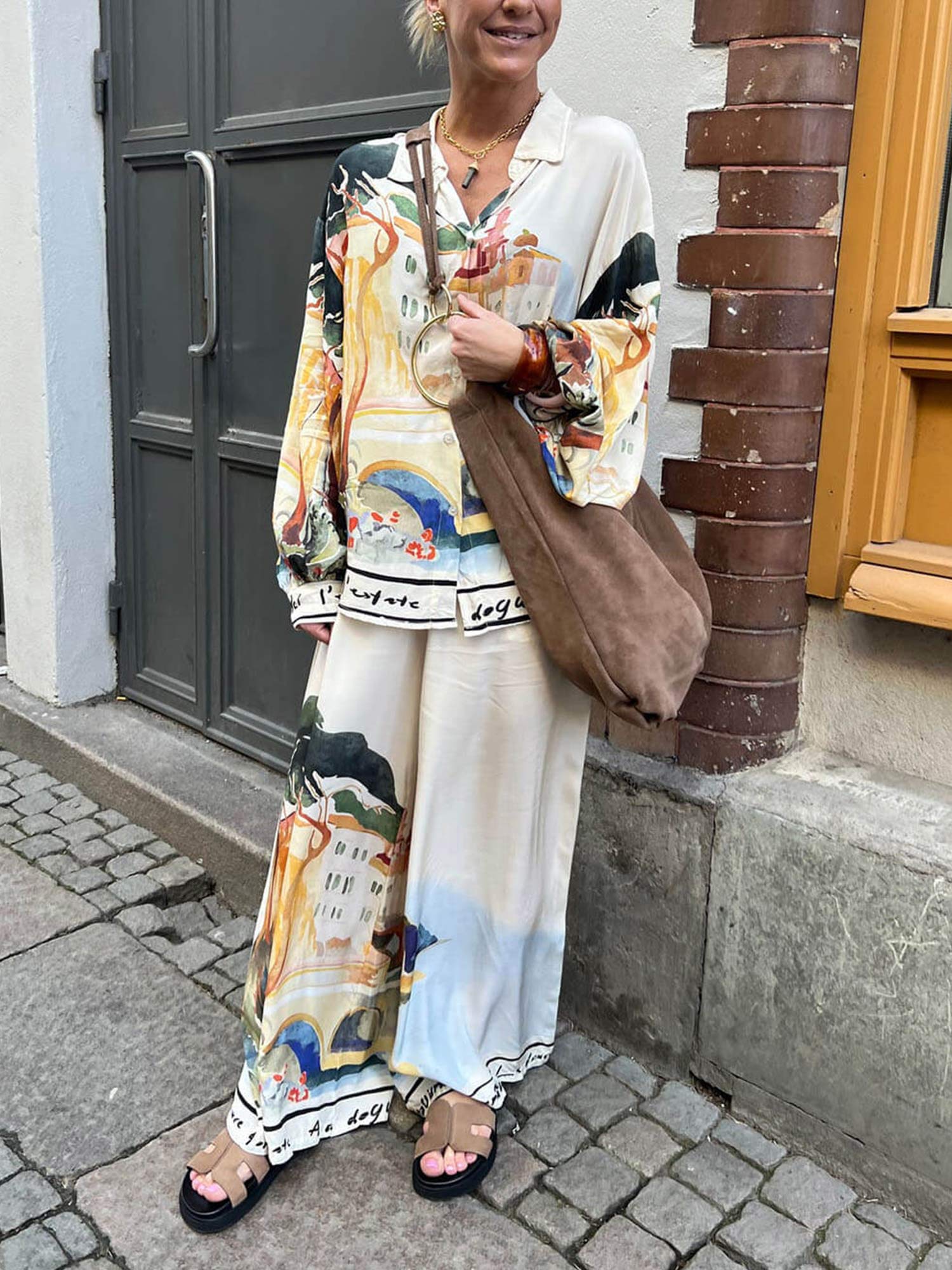 Artful Print Wide-Leg Pants