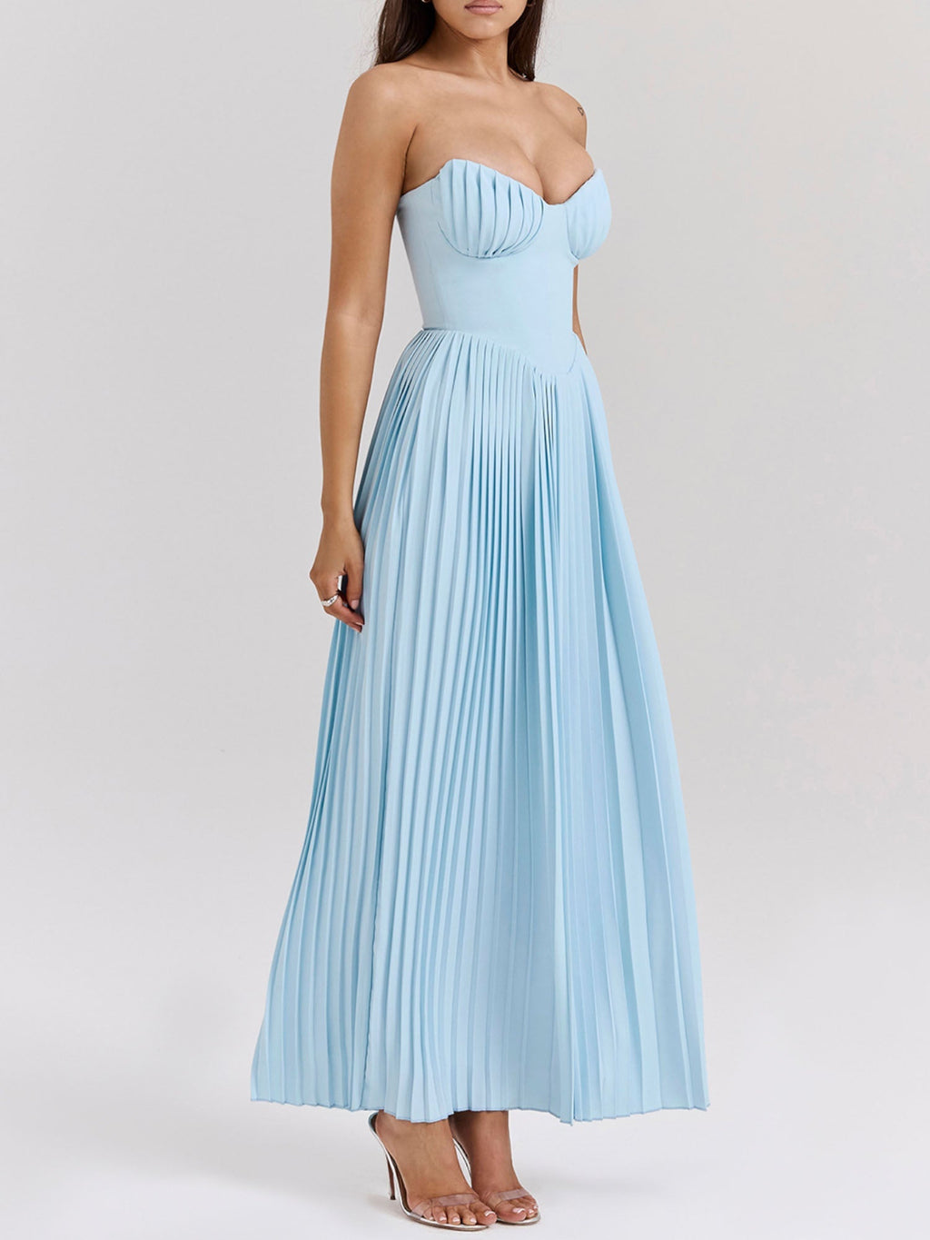 Pleated Strapless Sky Blue Maxi Dress