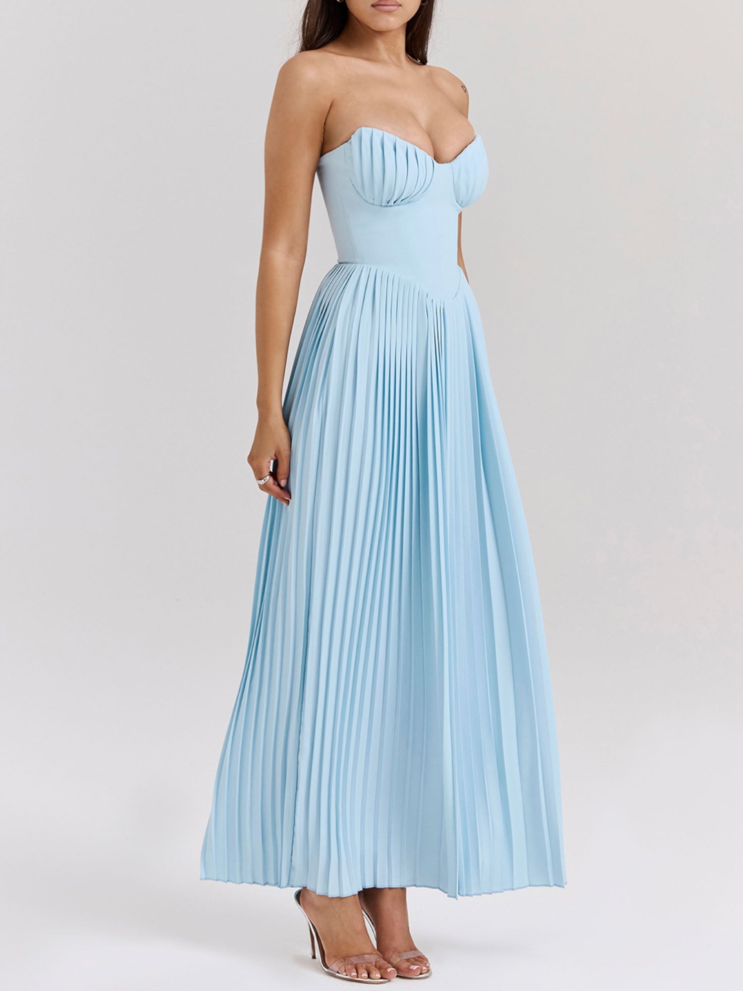 Pleated Strapless Sky Blue Maxi Dress