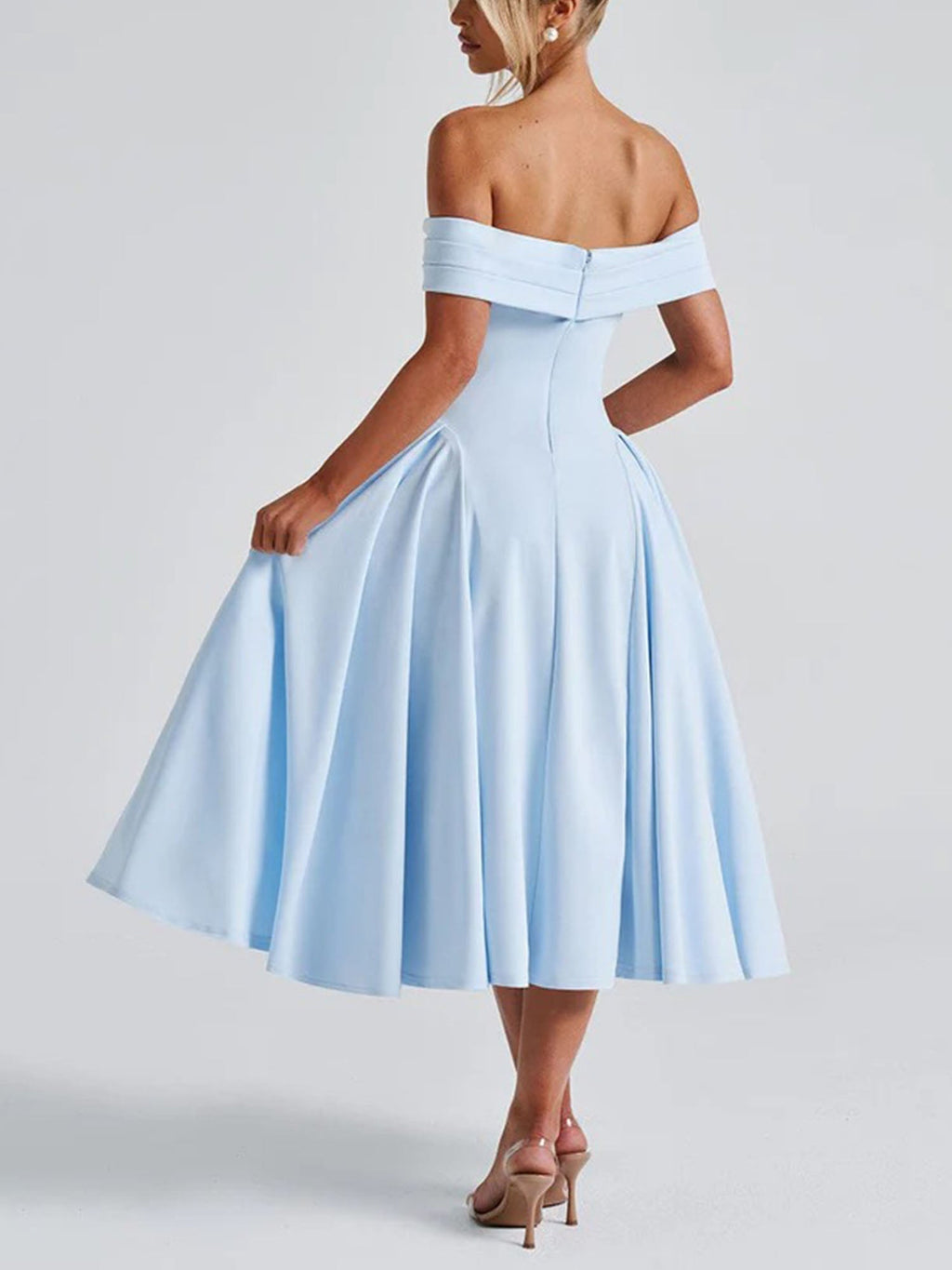 Blue Off-Shoulder Vintage-Inspired Midi Dress