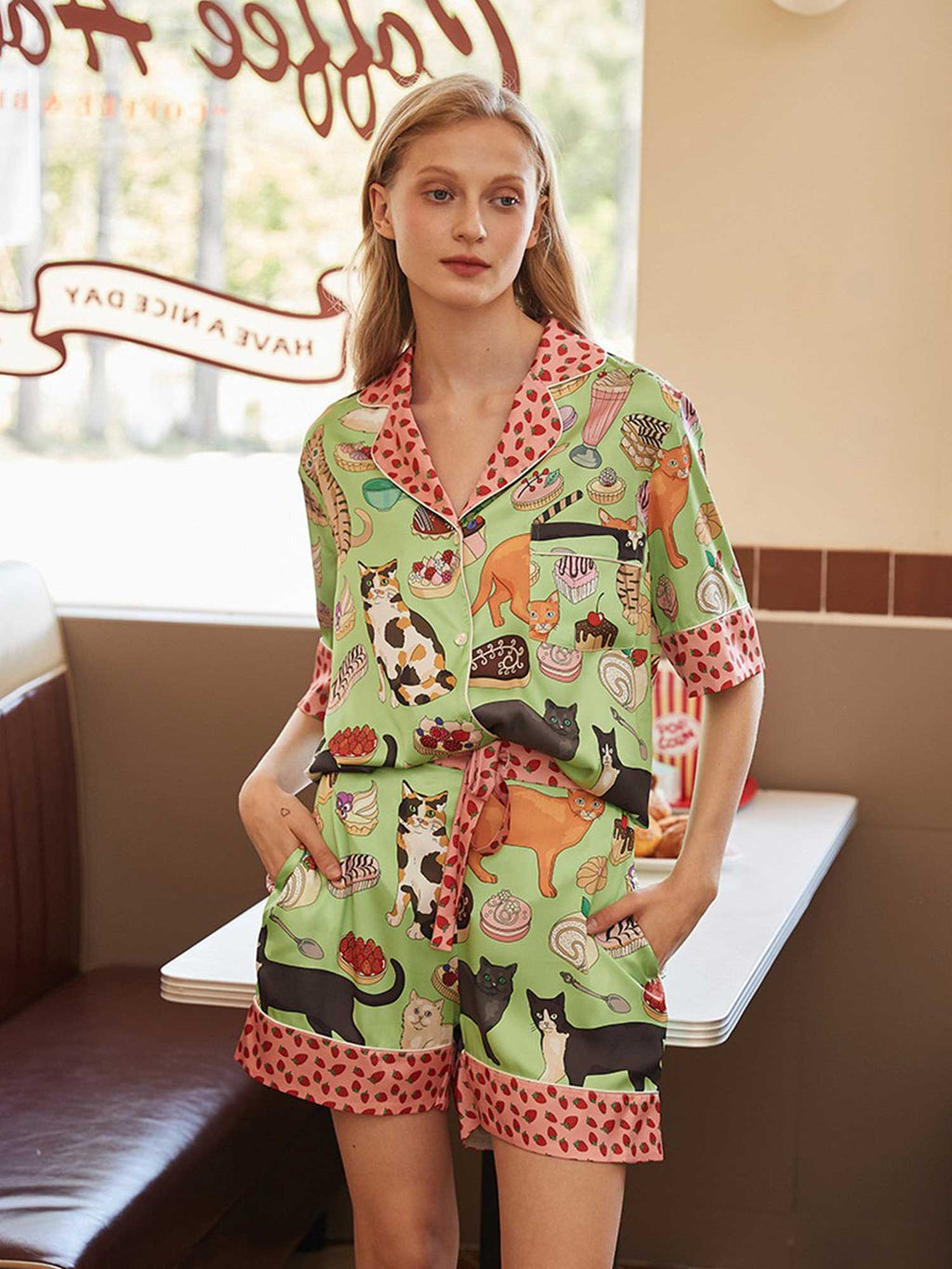 Cartoon Coffee & Cat Print Pajama Set