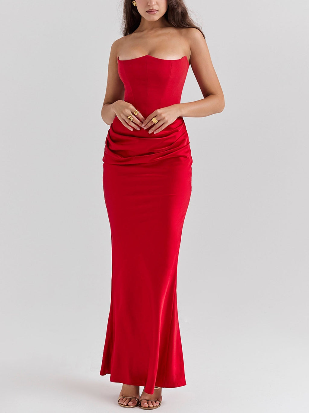 Red Strapless Draped Bodycon Maxi Dress