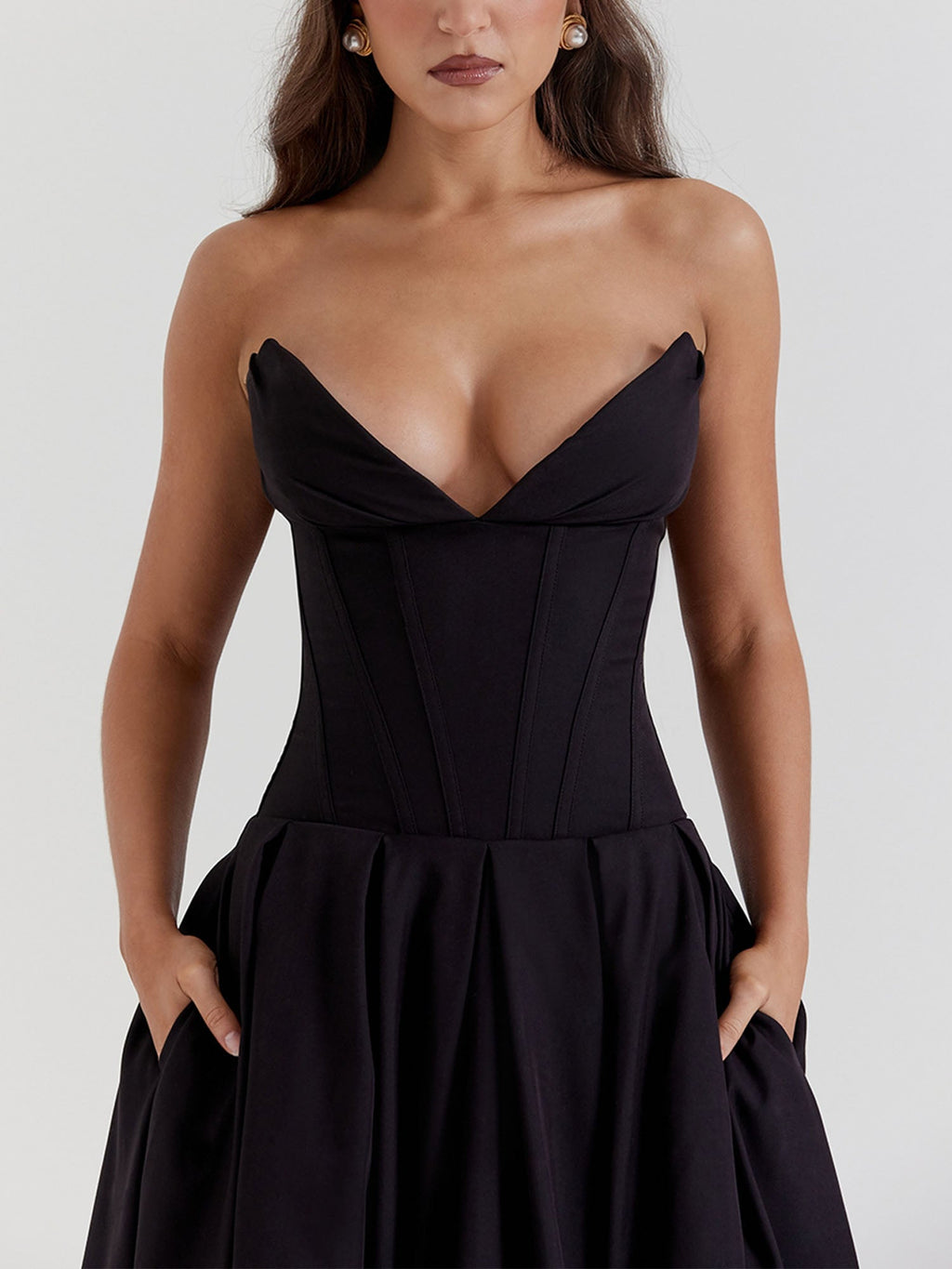 Black Strapless Fit-and-Flare Midi Dress