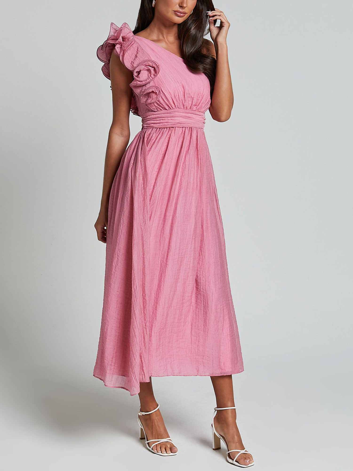 One-Shoulder Ruffle Accent Midi Dress