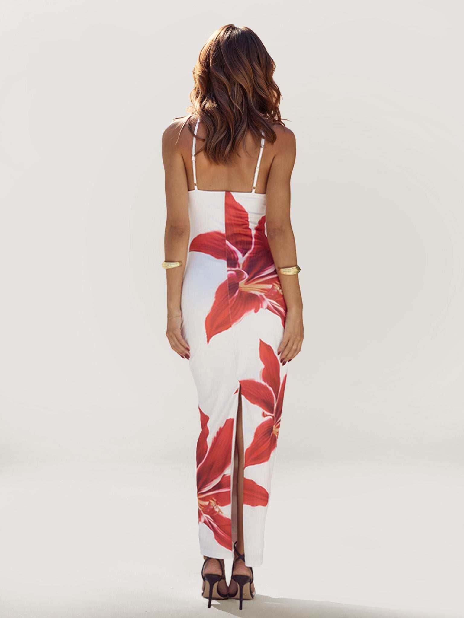 Floral Print Satin Strapless Maxi Dress