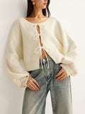 White Knit Sweater with Bow Details