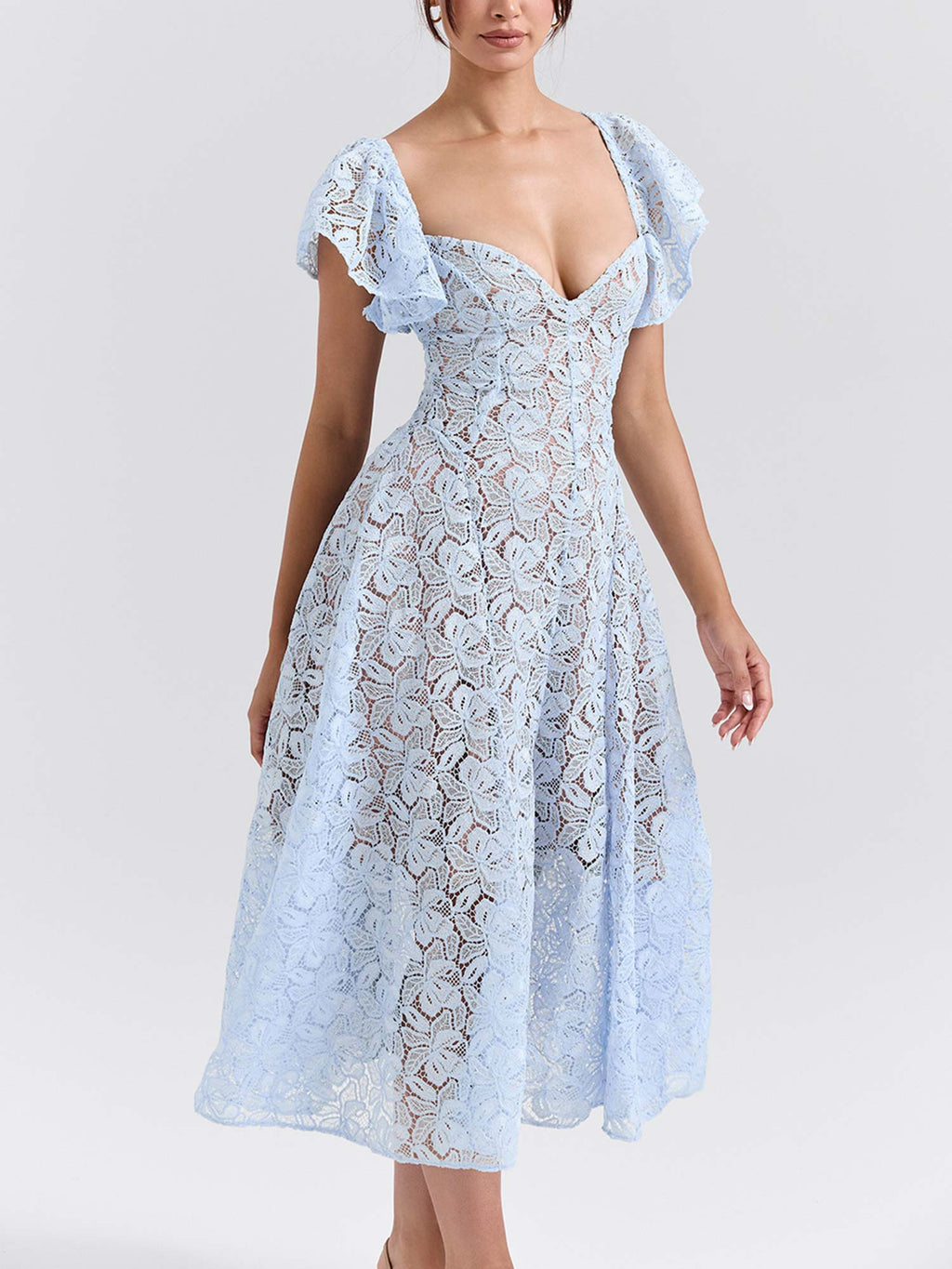 Lace Midi Dress with Flutter Sleeves