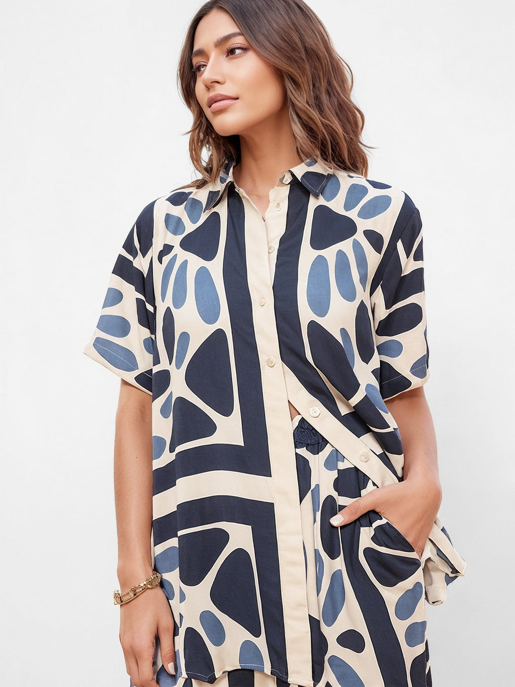 Modern Geo Print Oversized Button-Up Shirt
