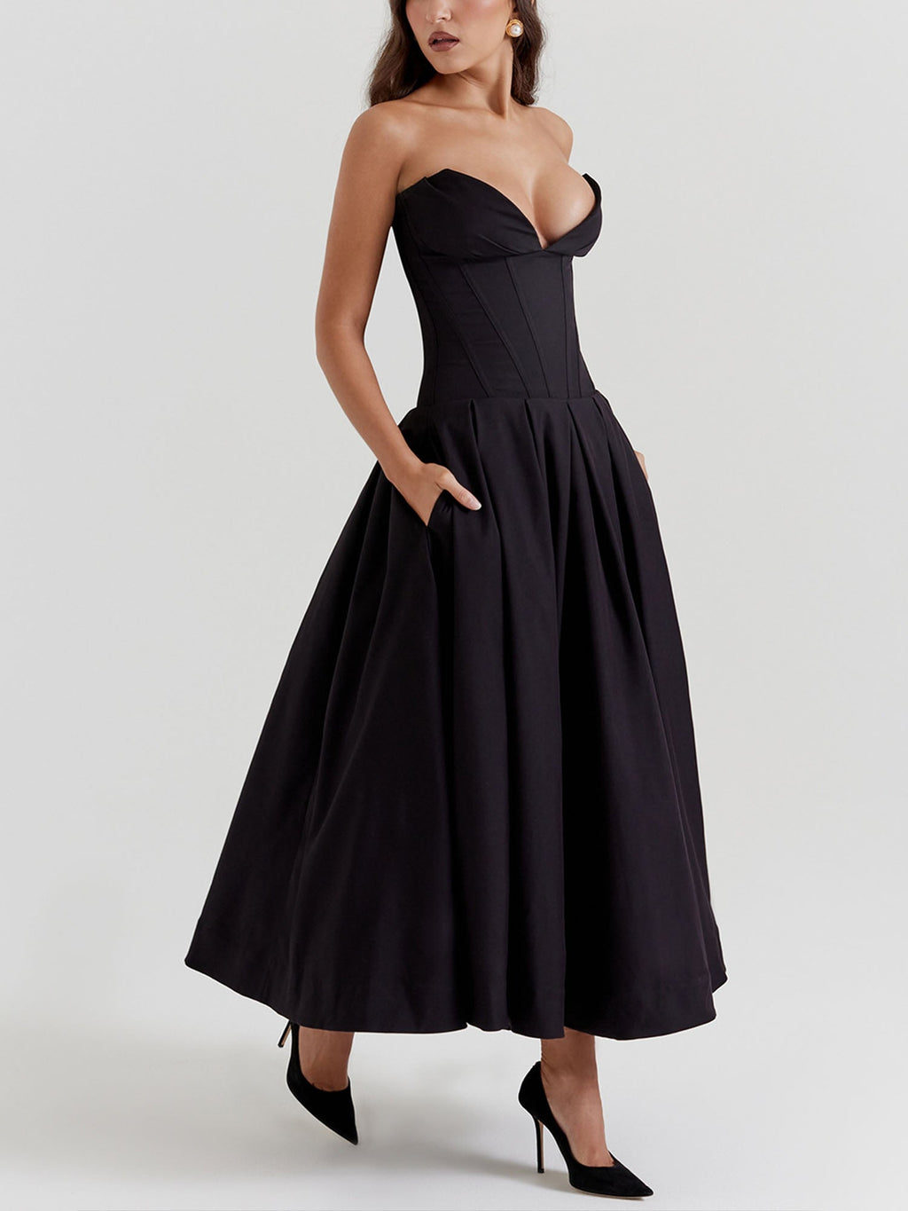 Black Strapless Fit-and-Flare Midi Dress
