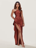 Asymmetrical Slit Satin Evening Dress