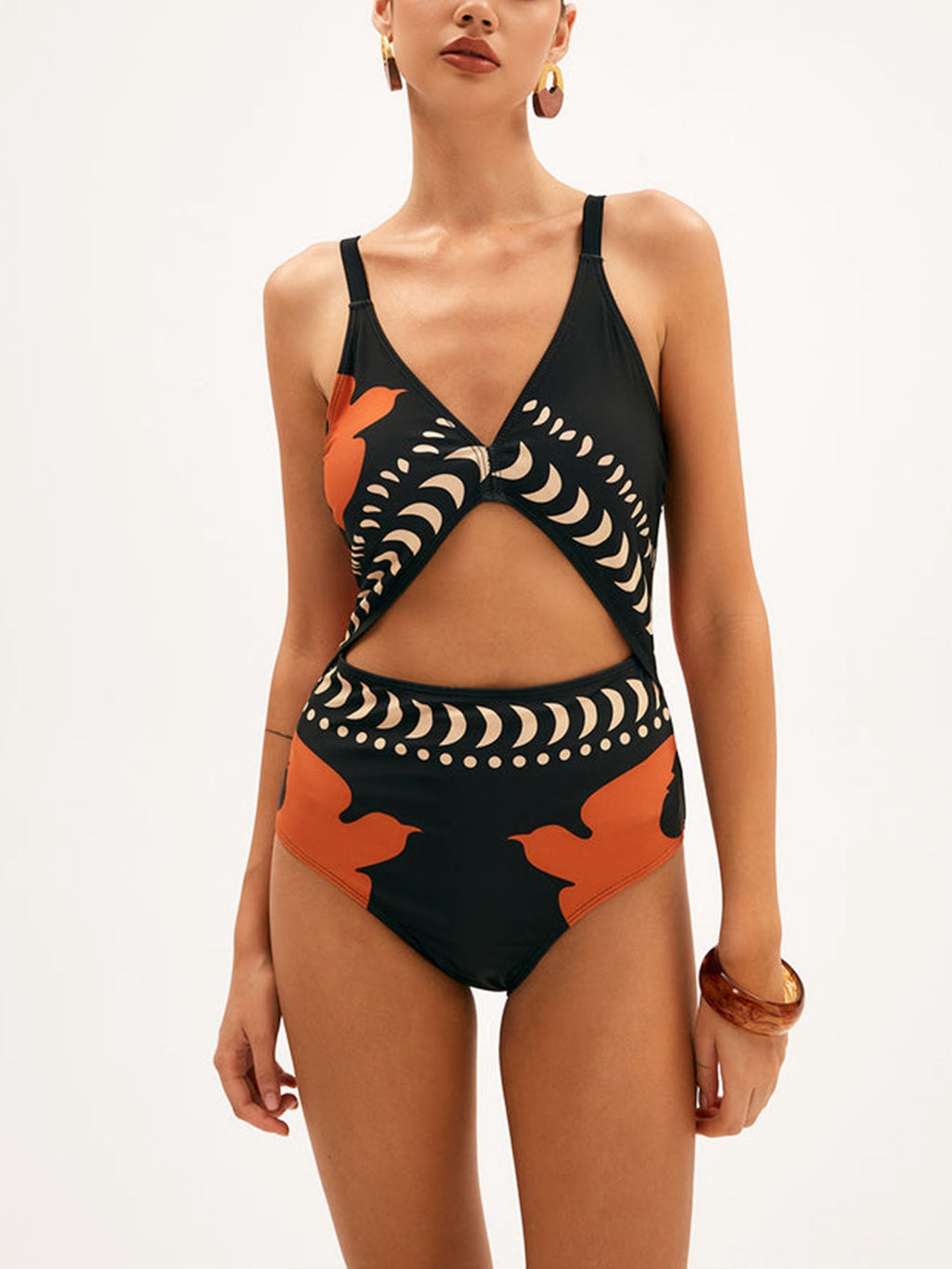 Black and Orange Cut-Out One-Piece Swimsuit