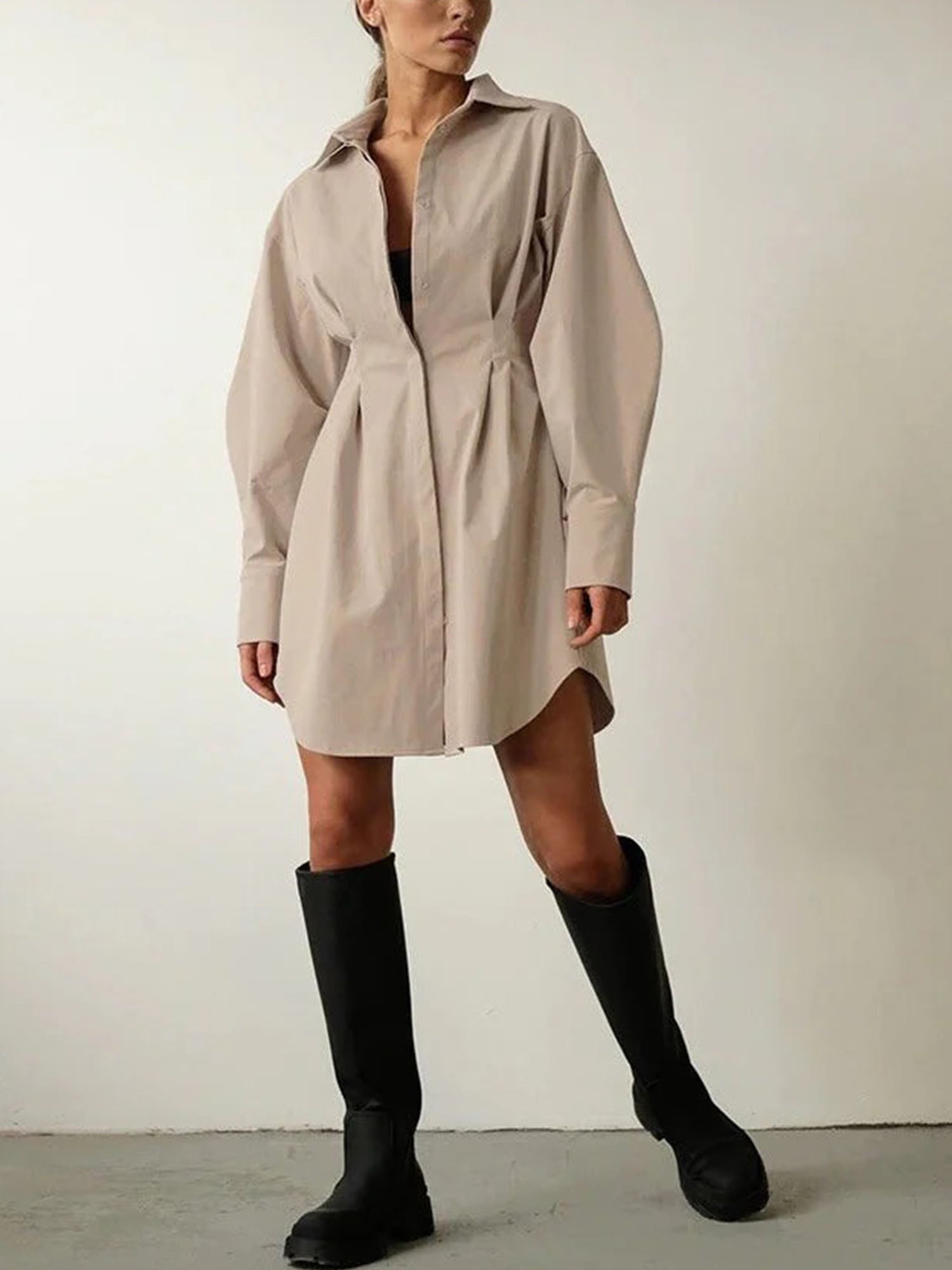 Khaki Cinched Waist Shirt Dress Effortless A-Line
