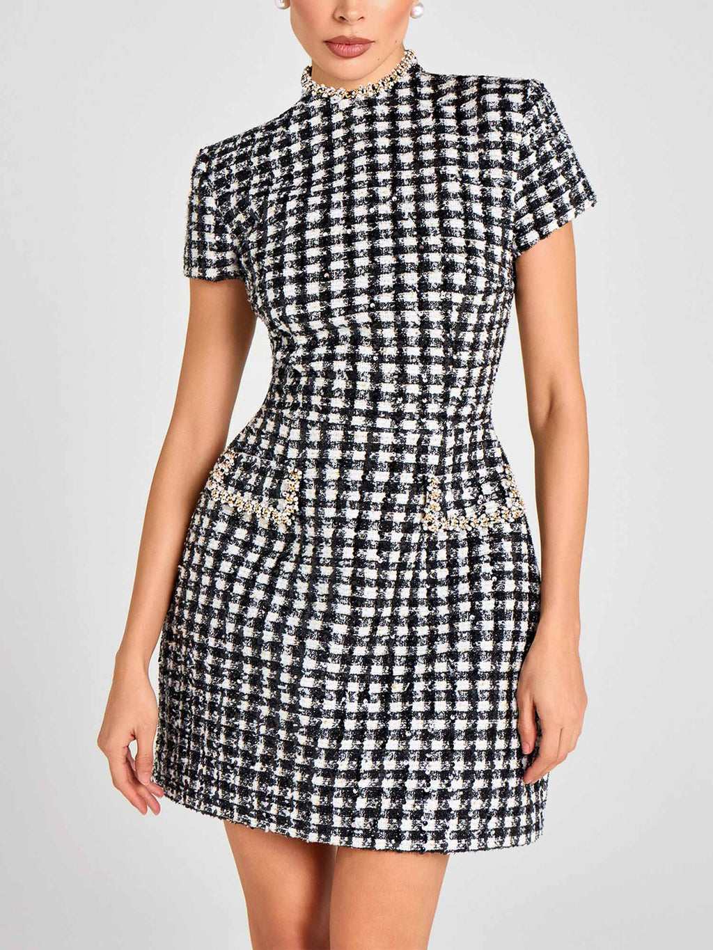 Plaid Pearl Trim Mini Dress