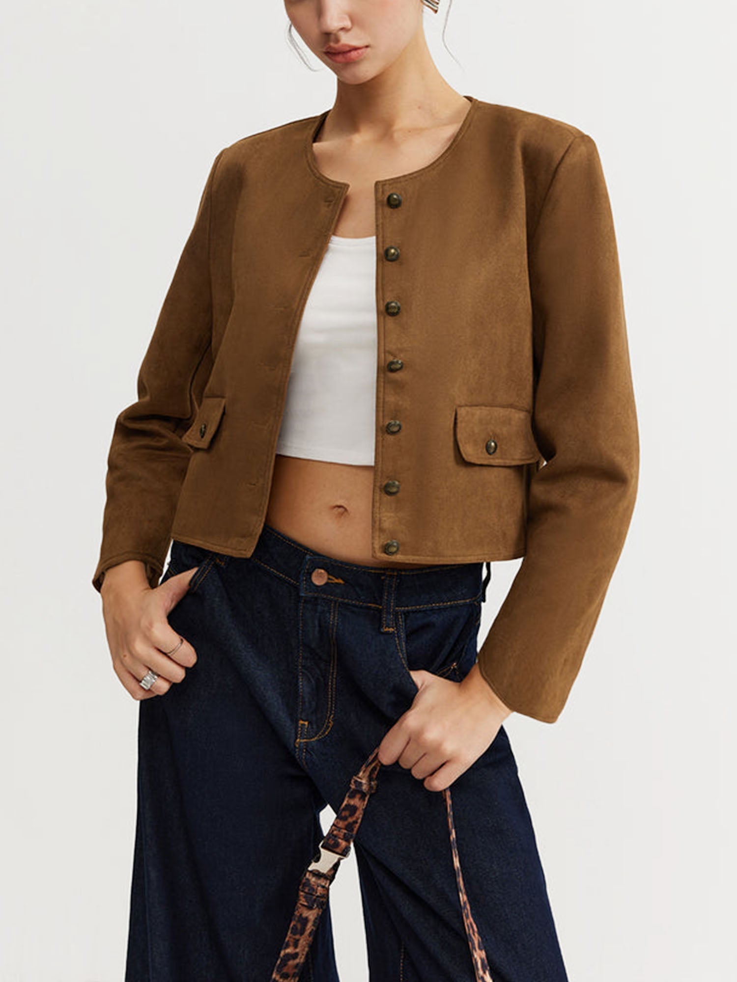 Brown Suede Buttoned Jacket